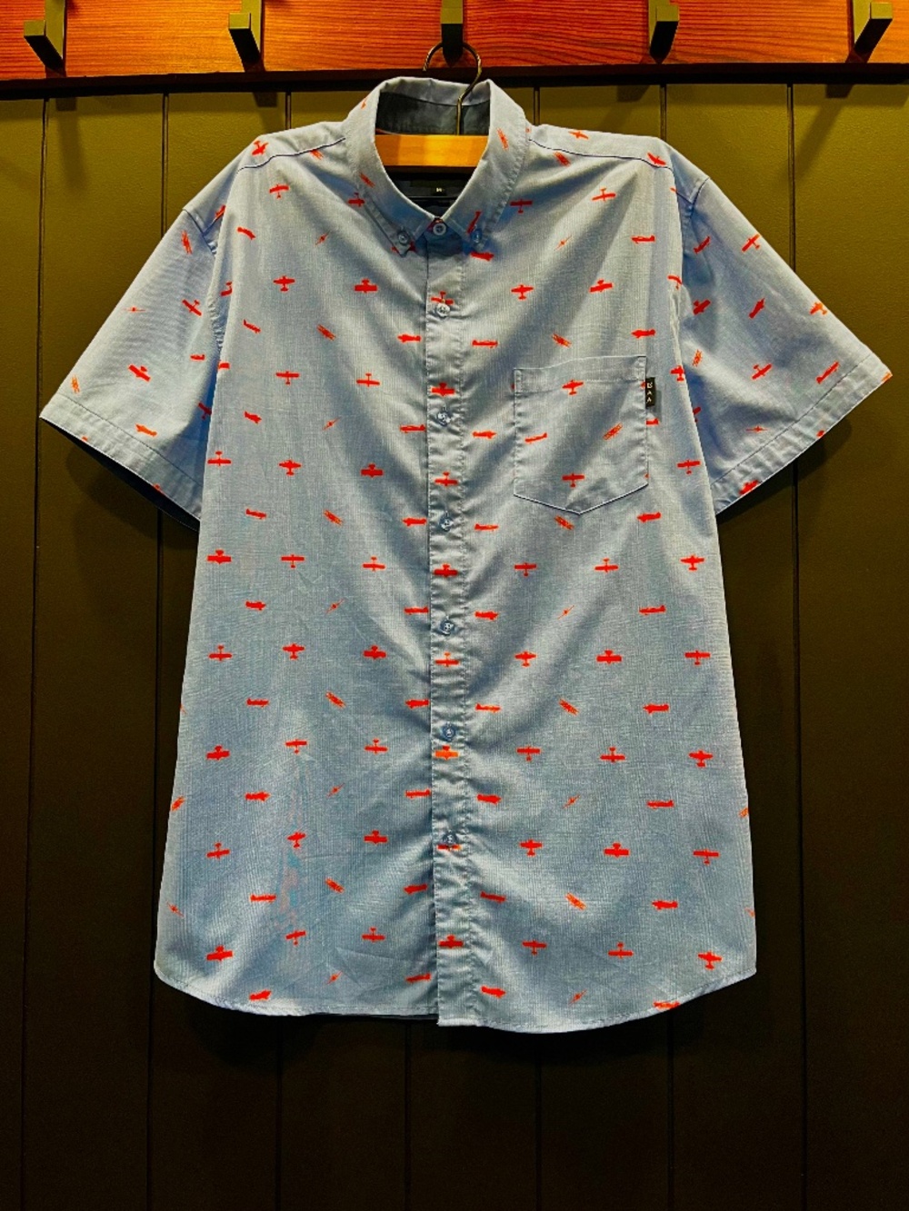 ADAX Apparel-Men's- Blue w/Orange Airplanes-Button Down Short Slv Shirt-Size M